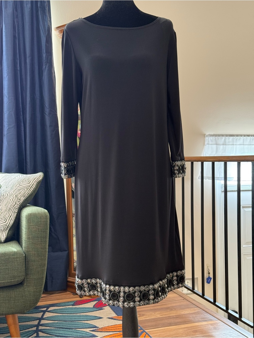 Black Embellished Hem & Cuff Shift Dress